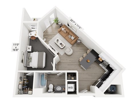 The Edge floor plan at Contrast OTR in Cincinnati’s Over-the-Rhine features a unique one-bedroom layout with open living, modern kitchen, walk-in closet, and in-unit laundry—ideal for urban living near TQL Stadium